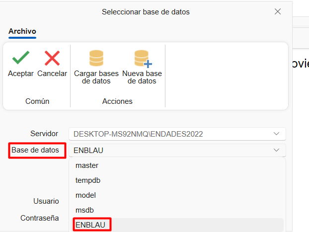Selección de la base de datos ENBLAU